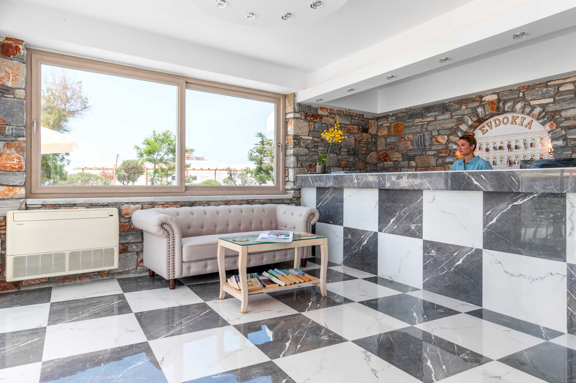 Lobby på hotel Evdokia på Naxos.