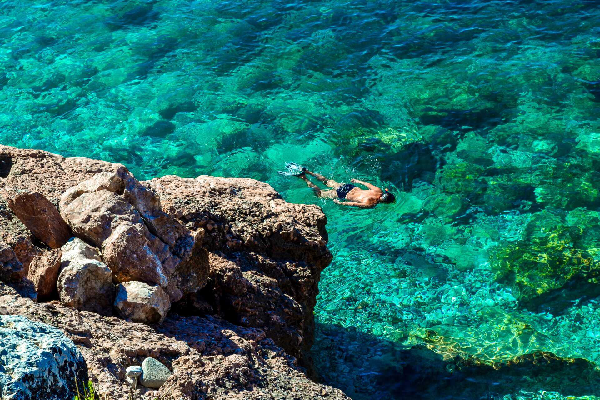 Snorkling i det krystalklare vand.